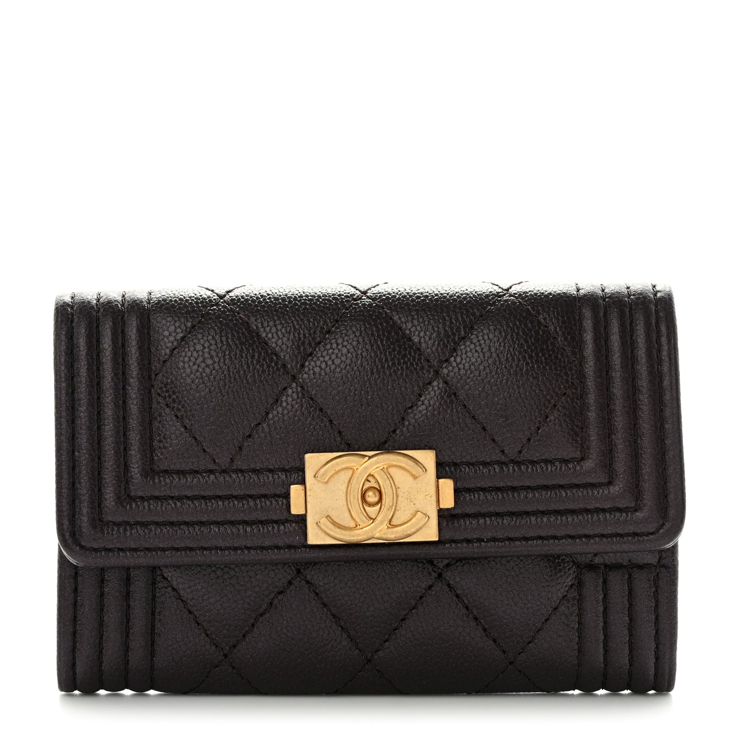 Caviar Quilted Boy Flap Card Holder Wallet Dark Brown
