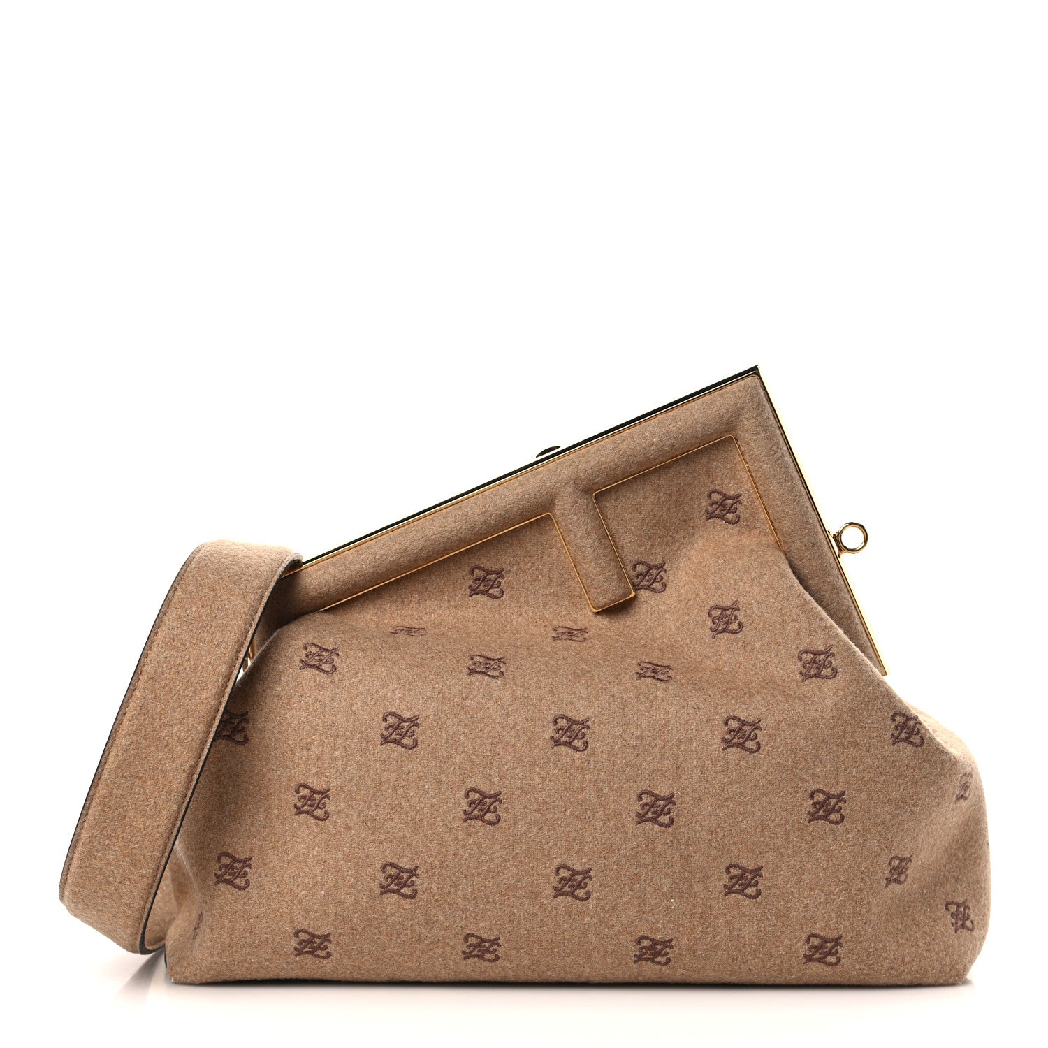 Image of FENDI Flannel Karligraphy Embroidered Medium Fendi First bag in the color Camel by FASHIONPHILE