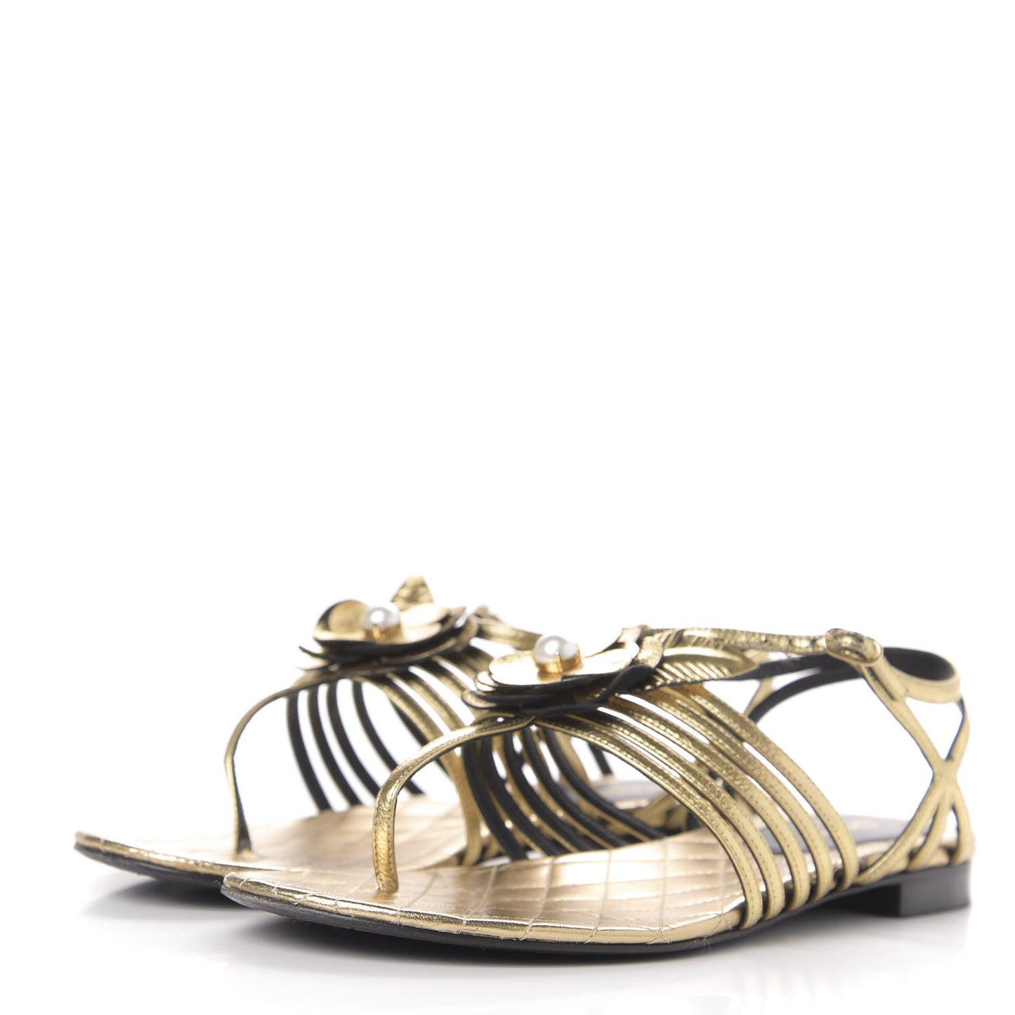 Crumpled Calfskin Camellia Pearl Thong Sandals 37.5 Gold