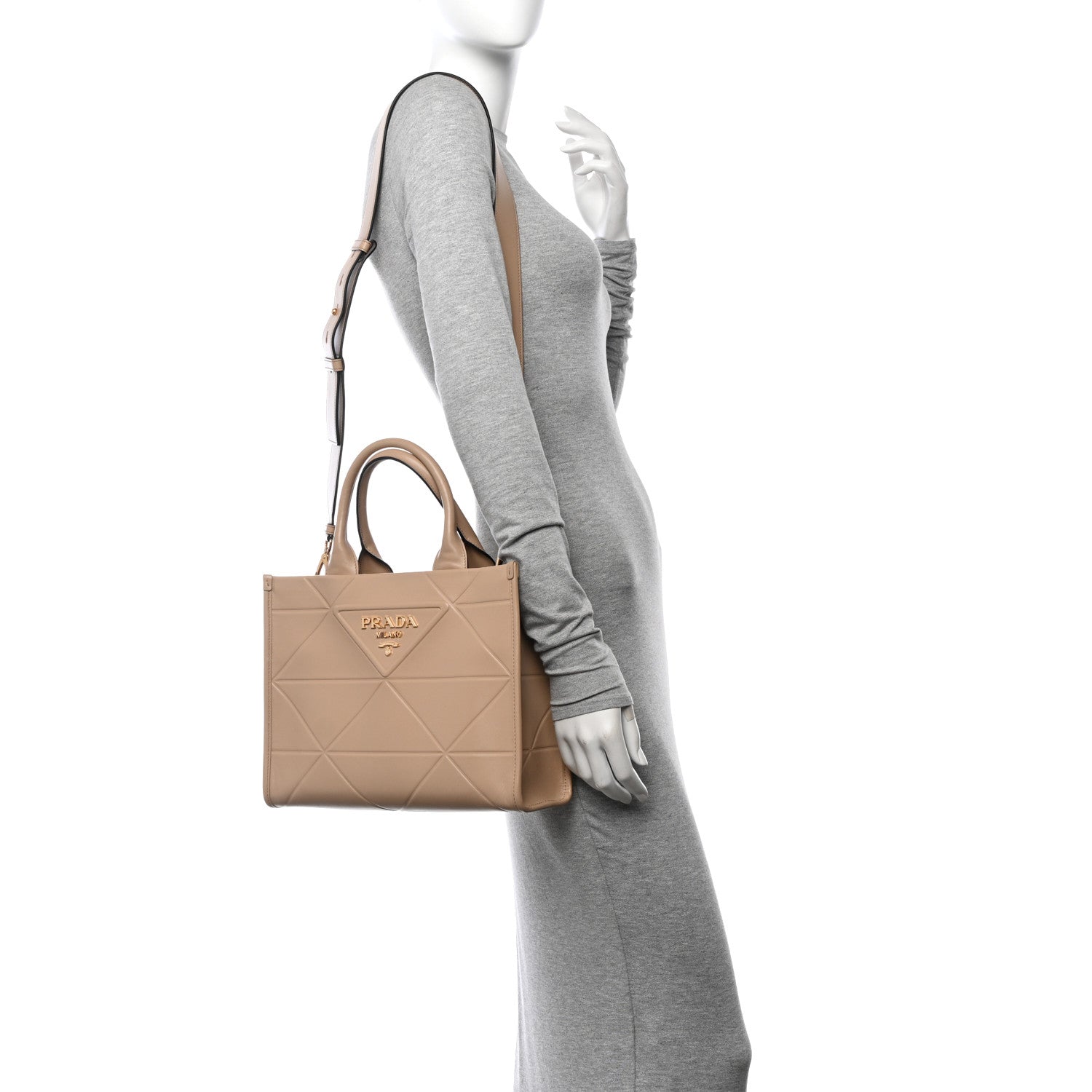 Prada Soft Calfskin Triangolo Symbole Embossed Small Tote Beige Khaki 2 of 9