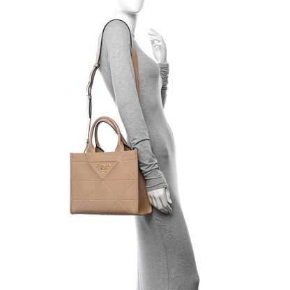 Prada Soft Calfskin Triangolo Symbole Embossed Small Tote Beige Khaki 2 of 9