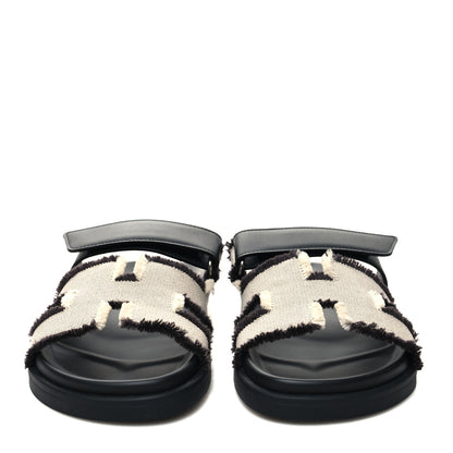 Hermes Techno Fringed H Canvas Caflskin Womens Chypre Sandals 37 Prunoir Black 2 of 8