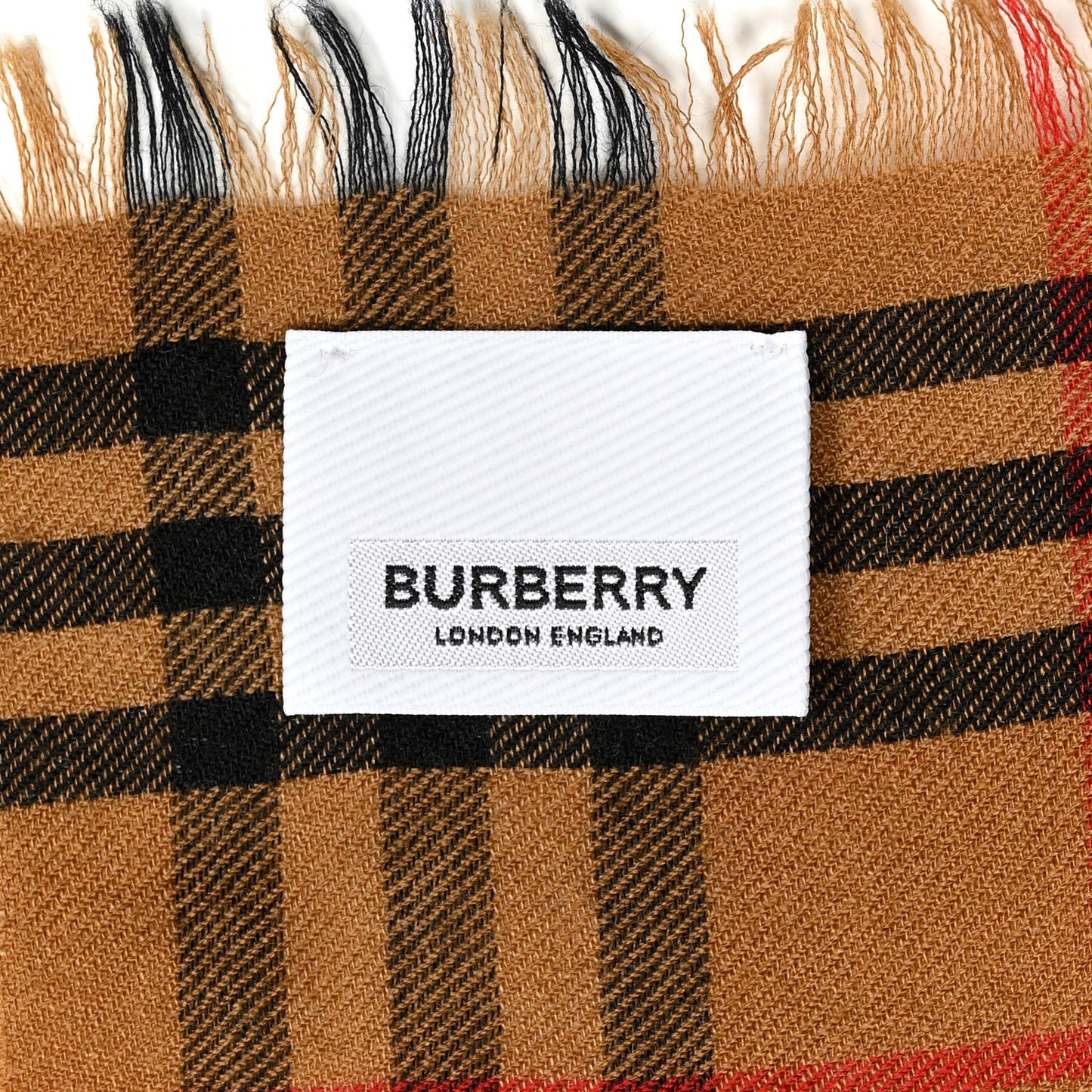 Cashmere Lightweight Logo Embroidered Vintage Check Fringe Scarf Camel