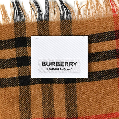 Burberry Cashmere Lightweight Logo Embroidered Vintage Check Fringe Scarf Camel 3 of 3