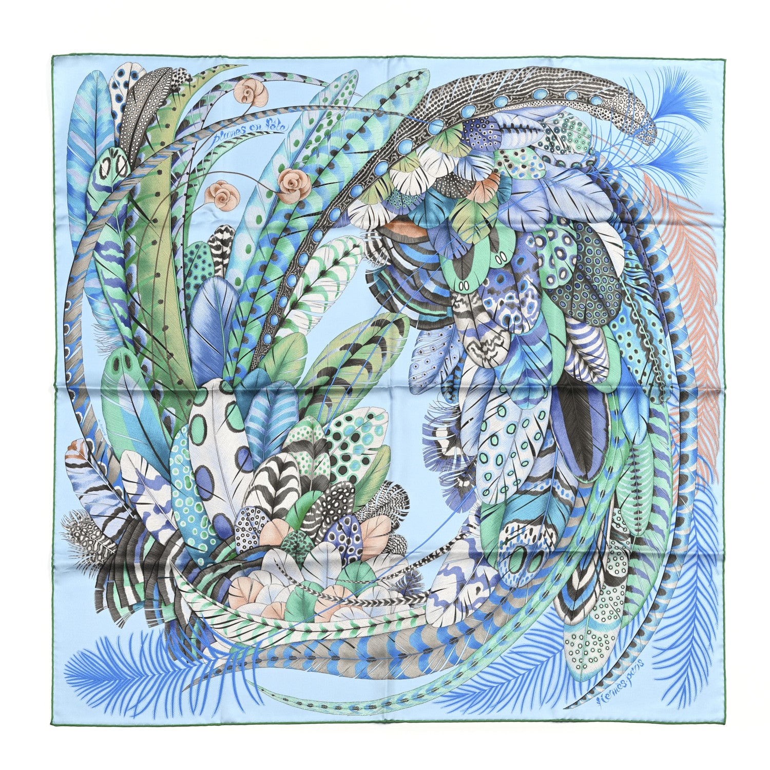 Hermes Silk Plumes En Fete Scarf 90 Ciel Vert Brun 1 of 7