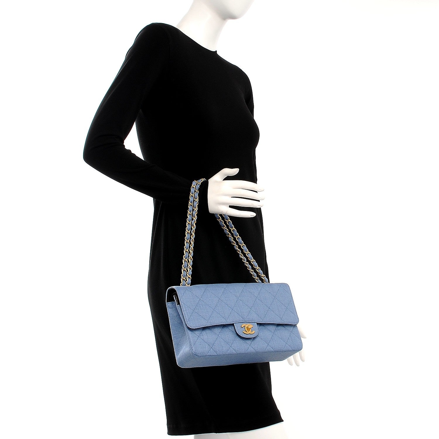 Chanel Woven Raffia Straw Quilted Medium Double Flap Blue 2 of 7