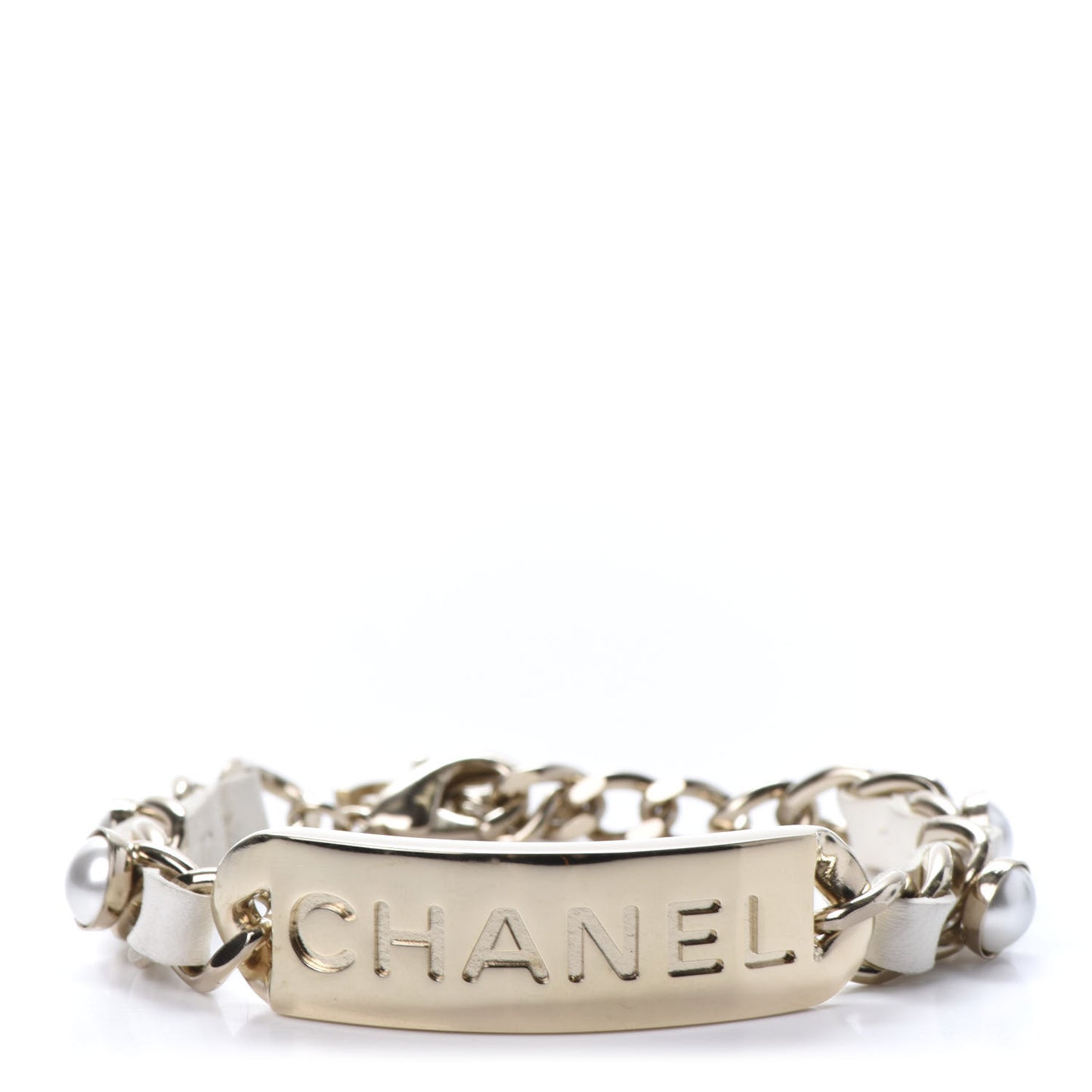 Metal Lambskin Pearl Name Plate Bracelet White Gold