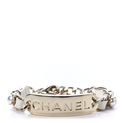 Chanel Metal Lambskin Pearl Name Plate Bracelet White Gold 1 of 5