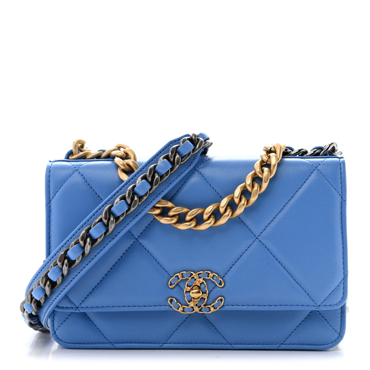 Lambskin Quilted Chanel 19 Wallet On Chain WOC Blue