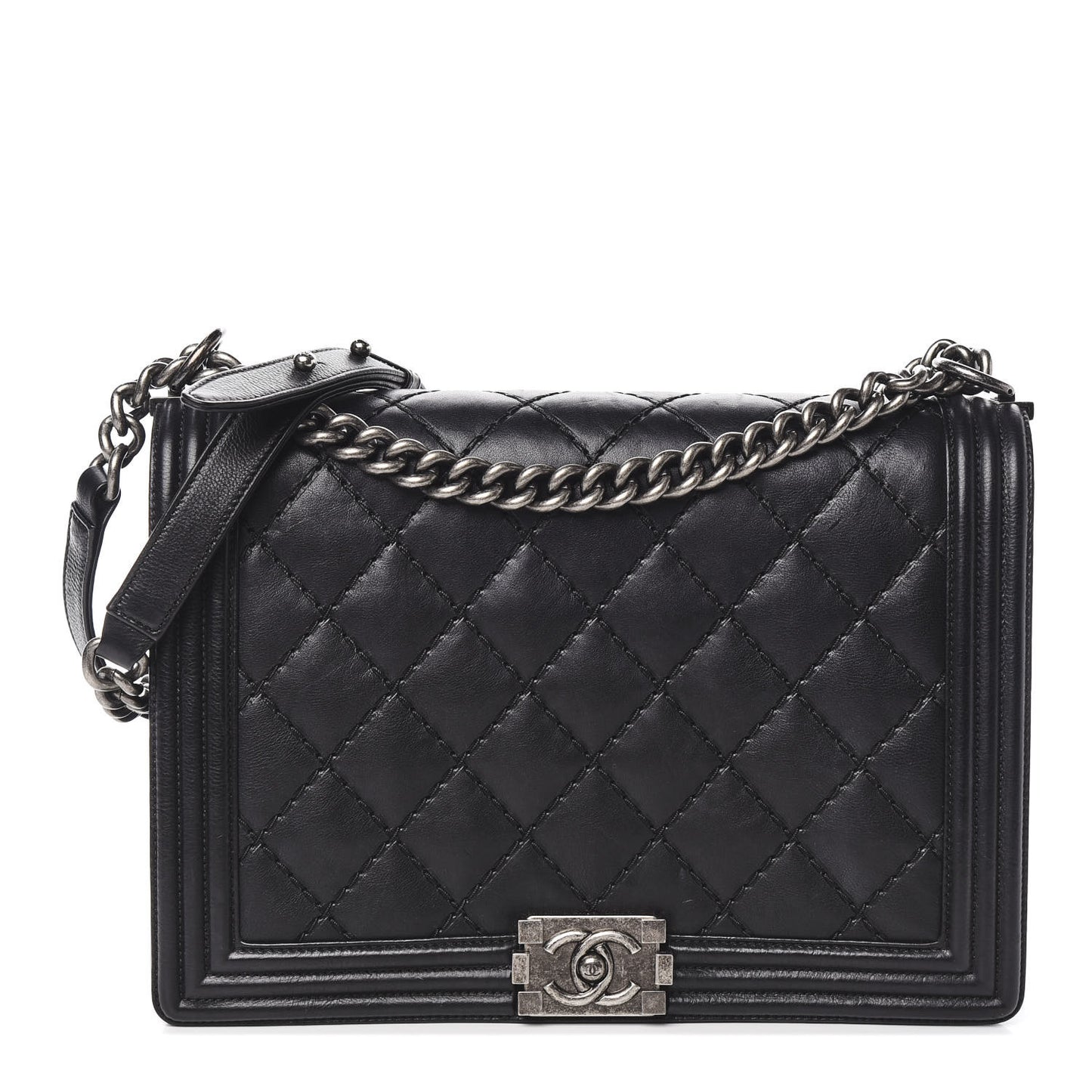 Calfskin Double Stitch Large Boy Flap Black