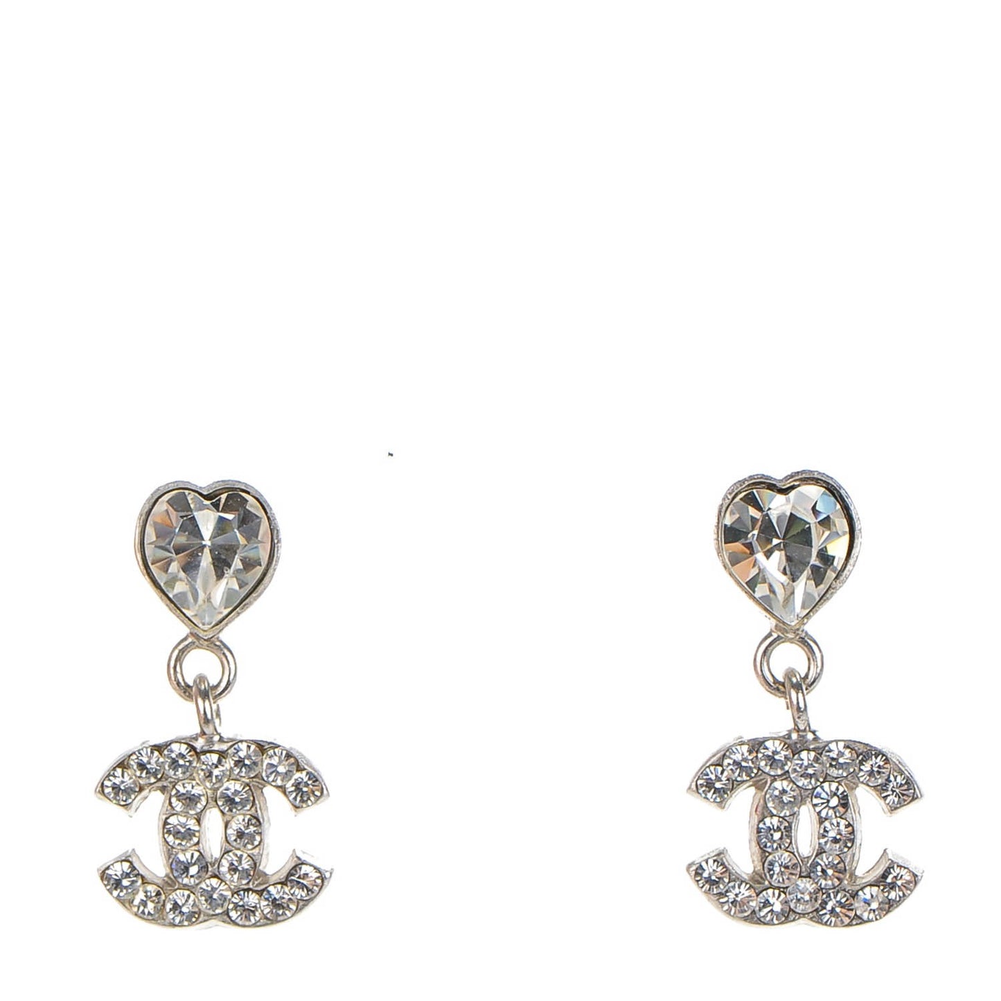 Crystal Heart CC Drop Earrings Silver