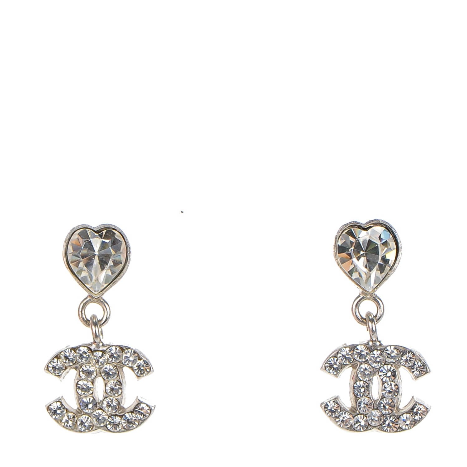Chanel Crystal Heart CC Drop Earrings Silver 1 of 5