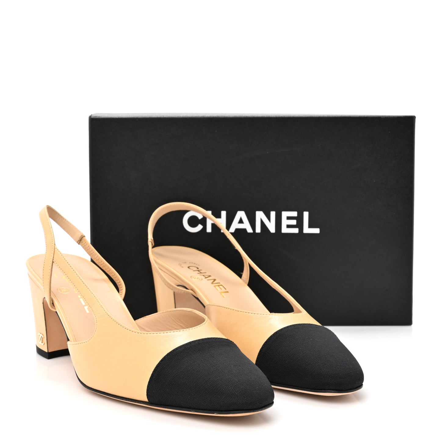 Goatskin Grosgrain Cap Toe CC Slingback Pumps 40 Beige Black