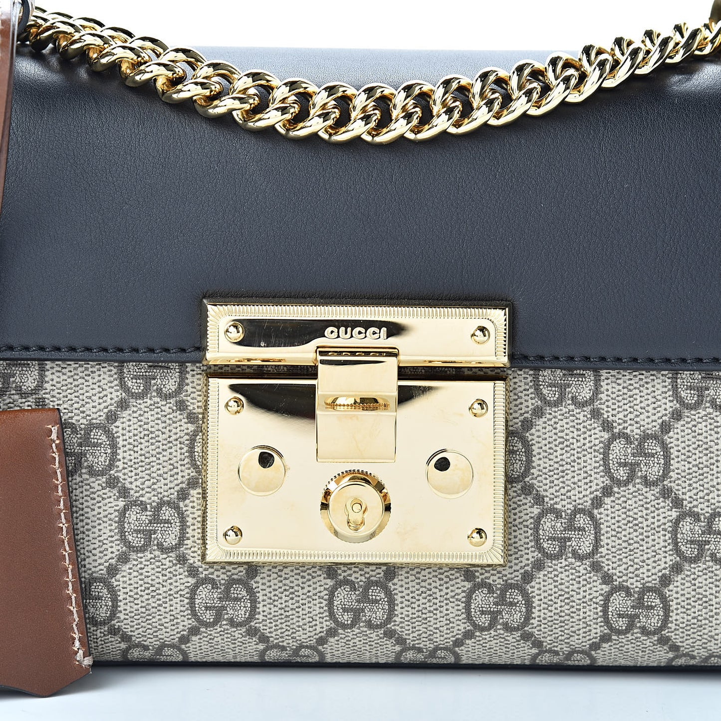 GG Supreme Monogram Calfskin Small Padlock Shoulder Bag Beige Black Cuir