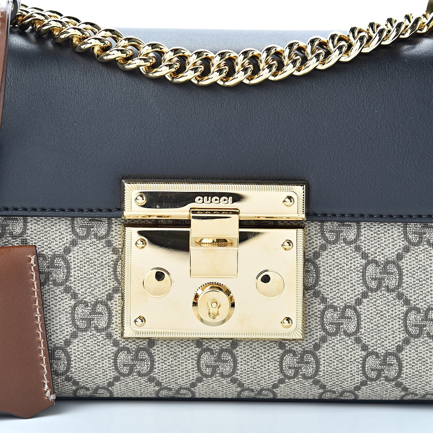 Gucci GG Supreme Monogram Calfskin Small Padlock Shoulder Bag Beige Black Cuir 8 of 12