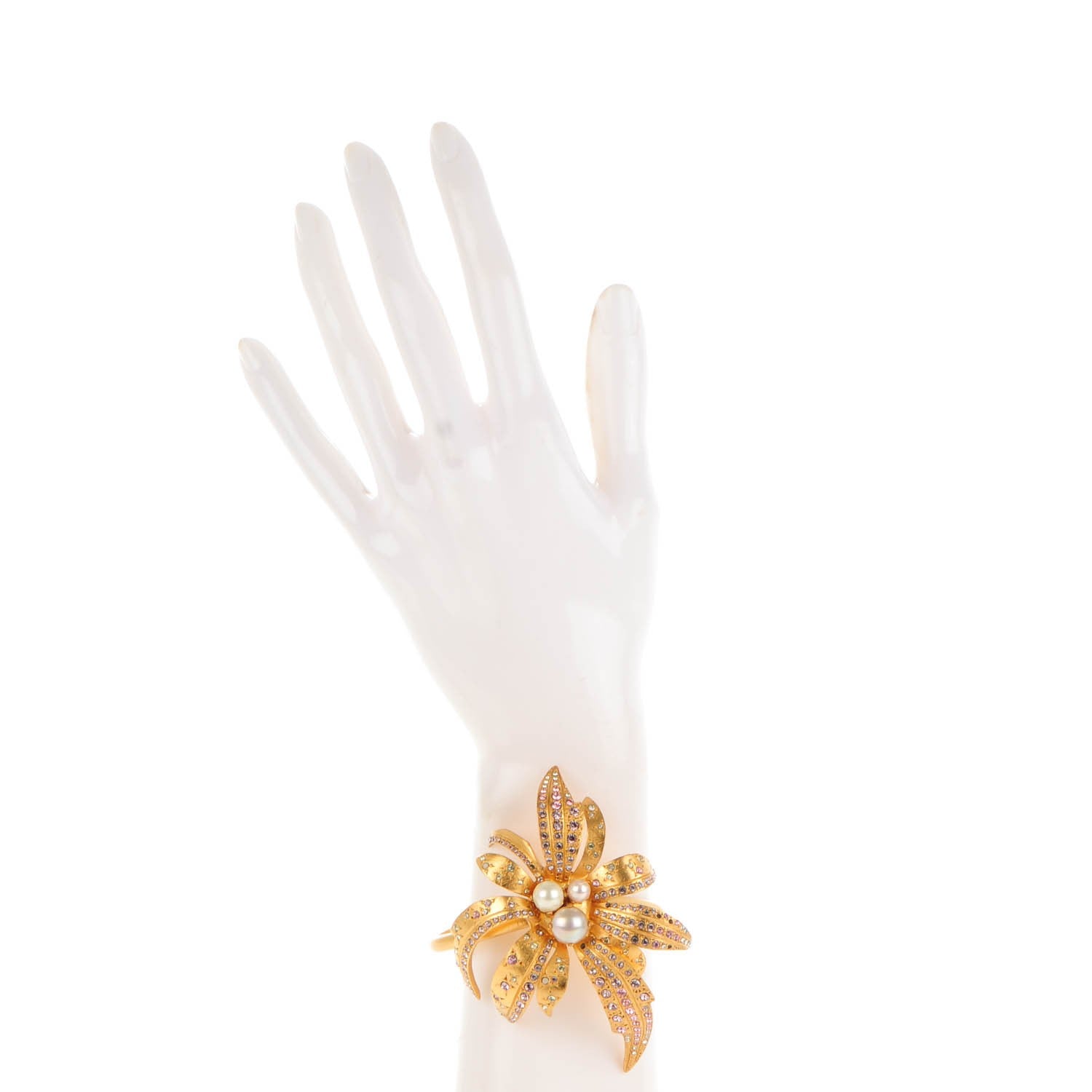 Chanel Pearl Crystal Large Palm Tree Cuff Gold 2 of 5