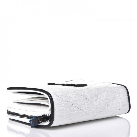 Saint Laurent Grain De Poudre Matelasse Chevron Monogram Compact Zip Around Wallet Optical White Black 4 of 8