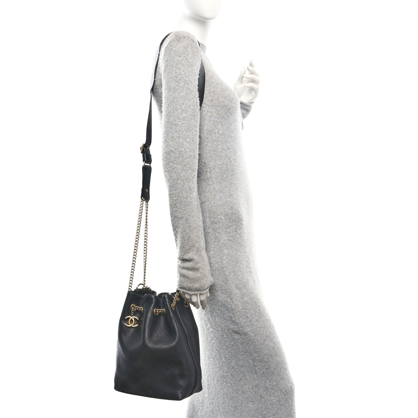 Calfskin Quilted Small On My Shoulder Drawstring Bag Black