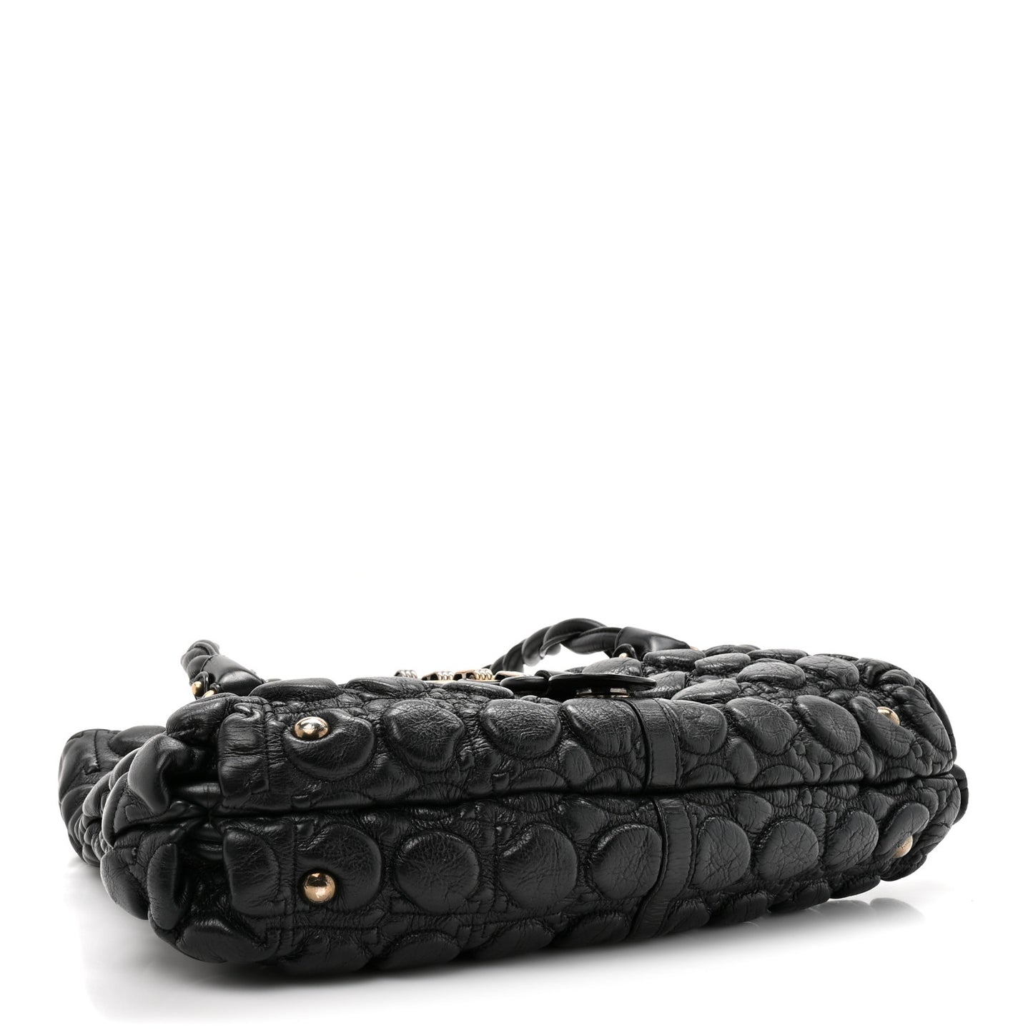 Padded Calfskin Embossed Fold Over Shoulder Bag Black