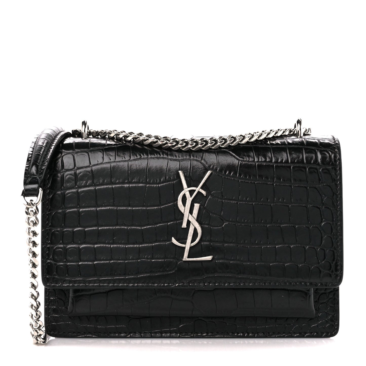 Calfskin Crocodile Embossed Monogram Sunset Chain Wallet Black