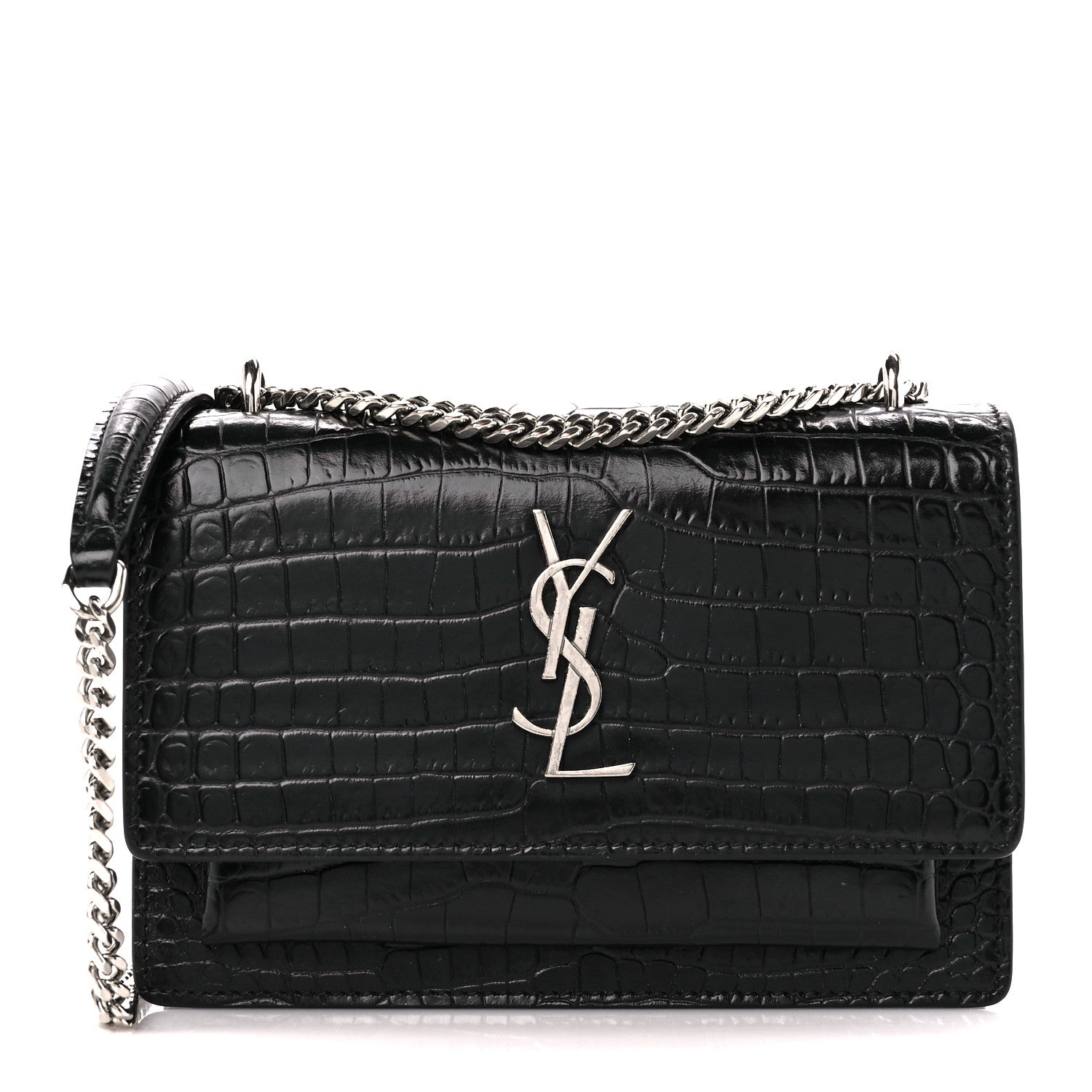 Saint Laurent Calfskin Crocodile Embossed Monogram Sunset Chain Wallet Black 1 of 9