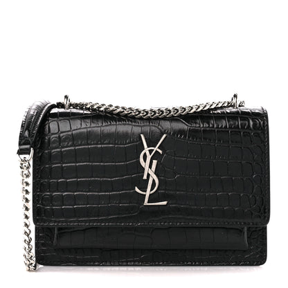 Saint Laurent Calfskin Crocodile Embossed Monogram Sunset Chain Wallet Black 1 of 9