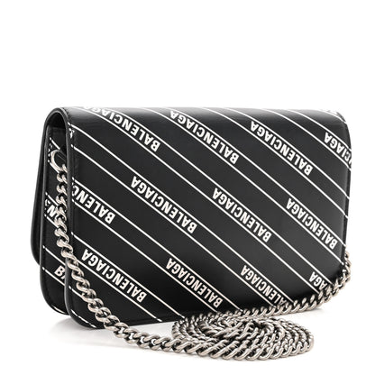 Balenciaga Matte Calfskin Diagonal Allover Logo Print B Wallet on Chain Black White 3 of 9