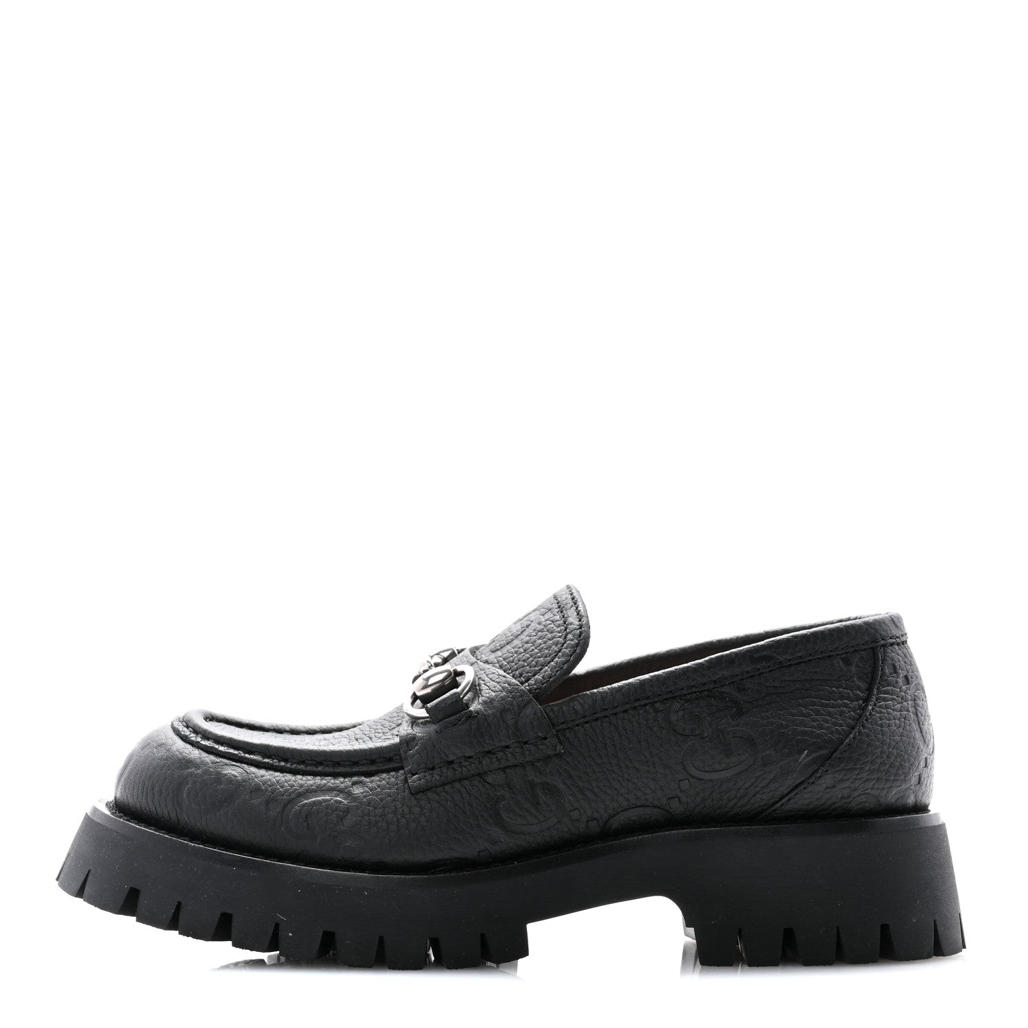 Gucci Piuma Calfskin Embossed Womens Platform Lug Sole Loafers 37.5 Black 1 of 12