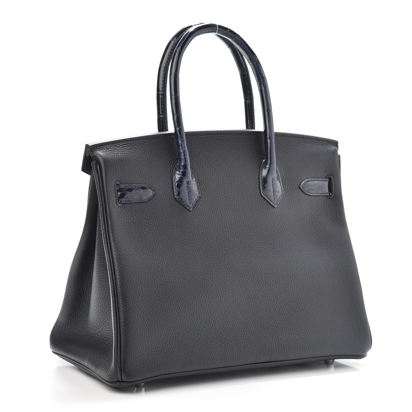Taurillon Novillo Shiny Niloticus Crocodile Birkin Touch 30 Black Bleu Marine