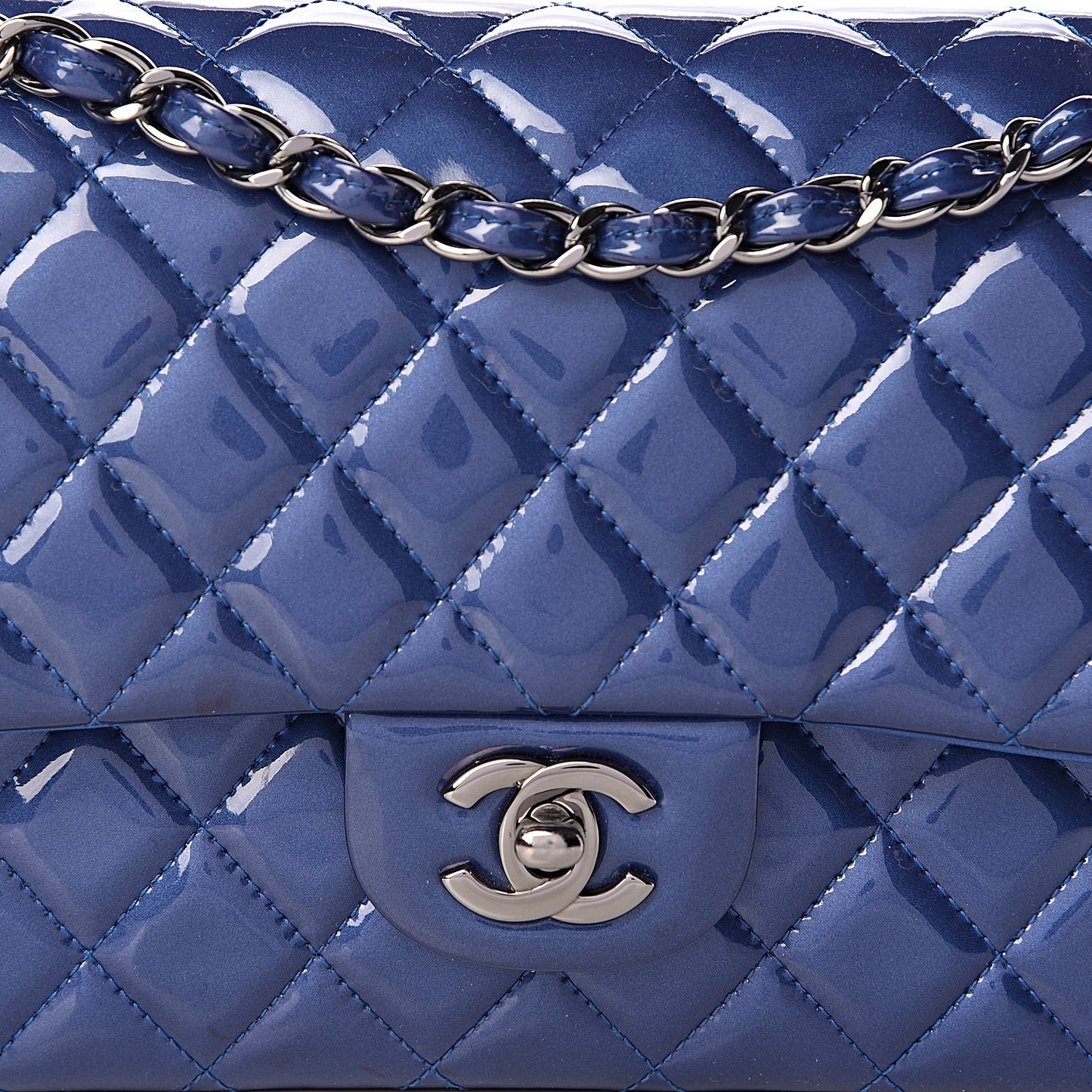 Patent Quilted Medium Double Flap Blue