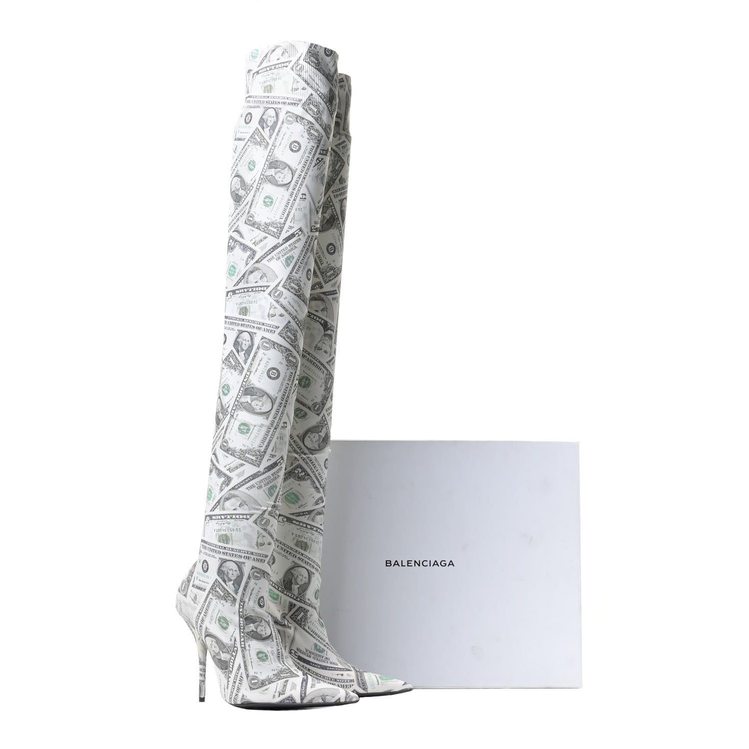 Balenciaga Dollar Printed Spandex Toe Knife Thigh High Boots 38 Vert 11 of 13