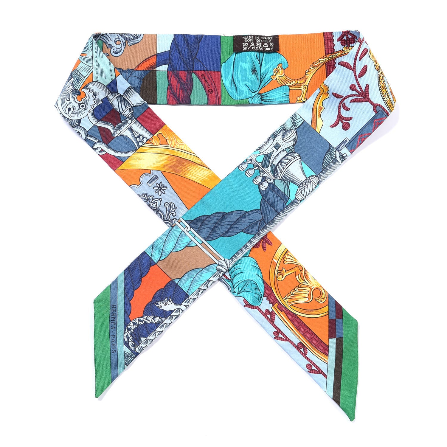 Hermes Silk Cavalleria D'Etriers Twilly Emeraude Orange Turquoise 1 of 4