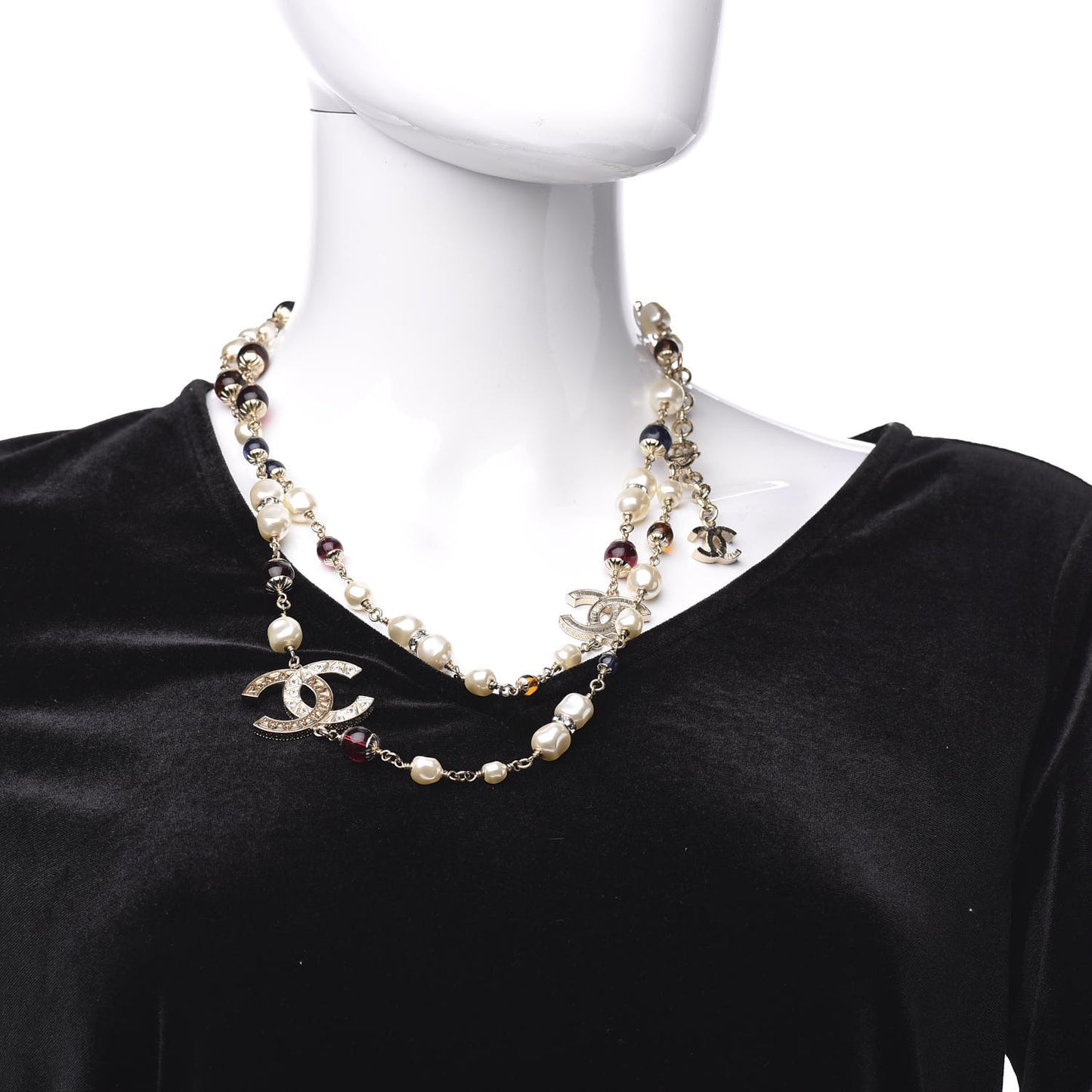Pearl Beaded Crystal CC Long Necklace Gold Multi