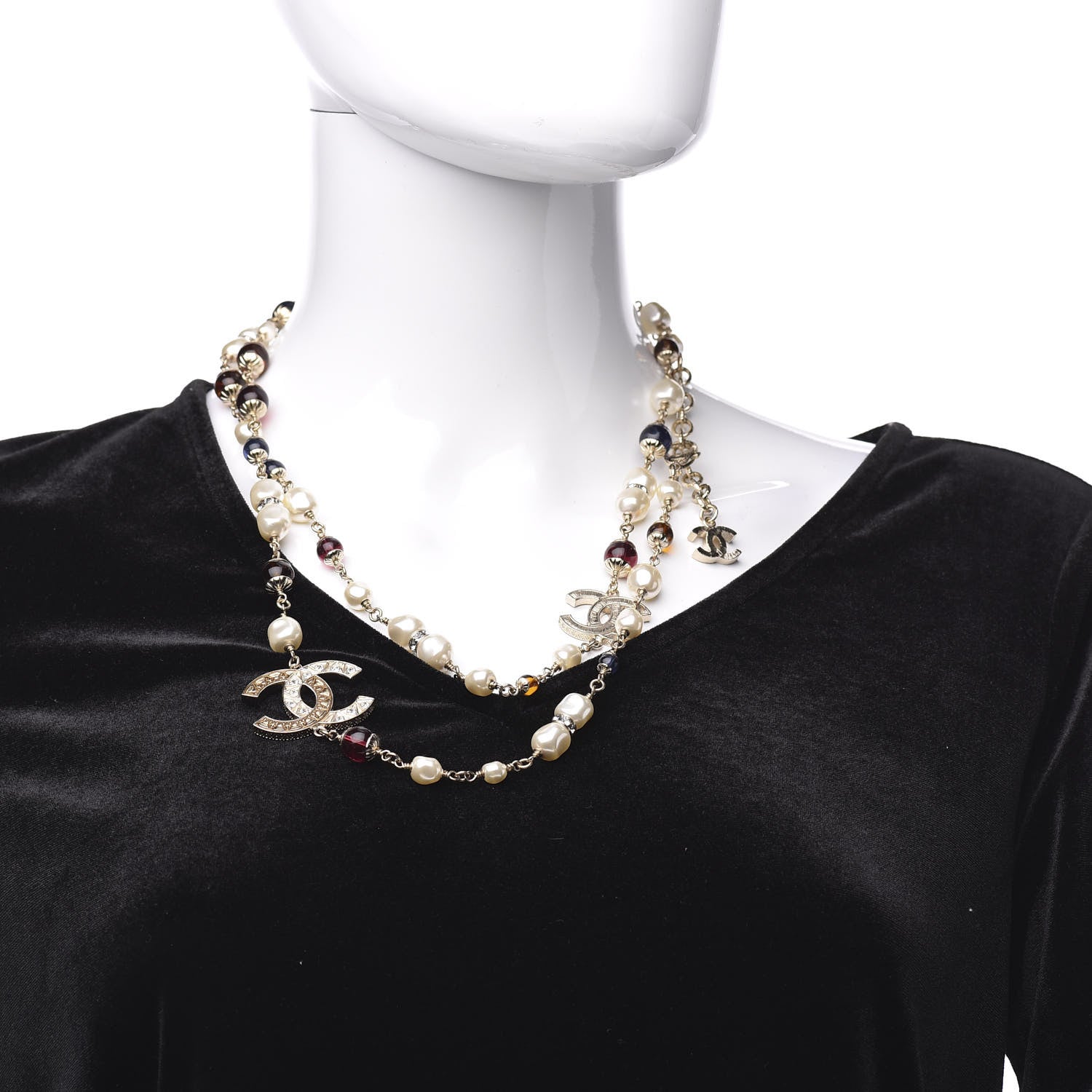 Chanel Pearl Beaded Crystal CC Long Necklace Gold Multi 2 of 7