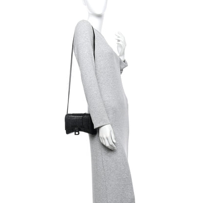 Balenciaga Shiny Calfskin Monochrome Crocodile Embossed Hourglass Chain Bag Black 2 of 9
