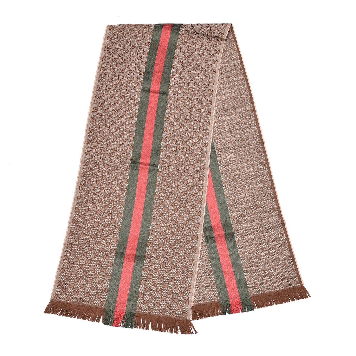 Wool Silk GG Monogram Web Verbier Fringe Scarf Light Brown Dark Green