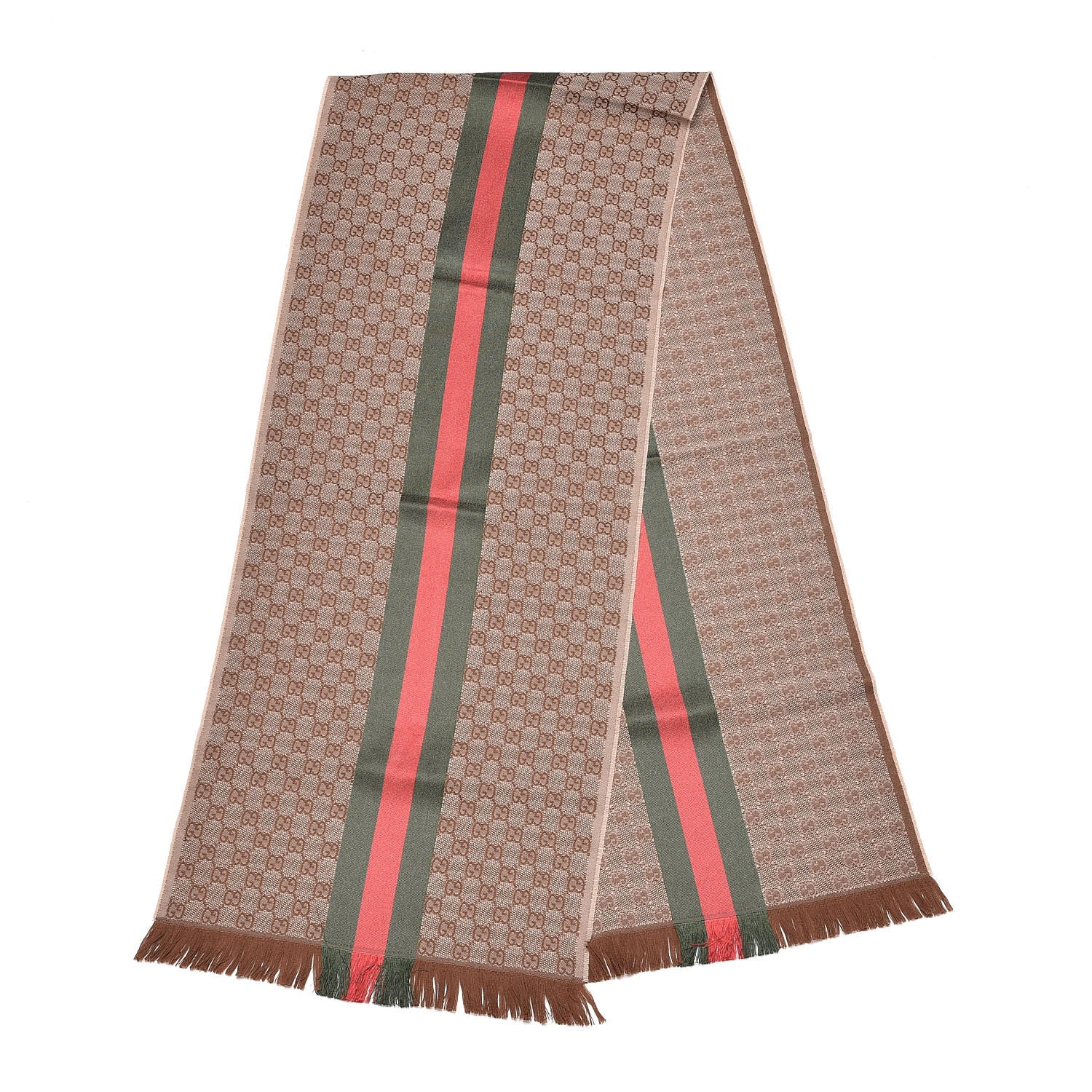 Gucci Wool Silk GG Monogram Web Verbier Fringe Scarf Light Brown Dark Green 3 of 4