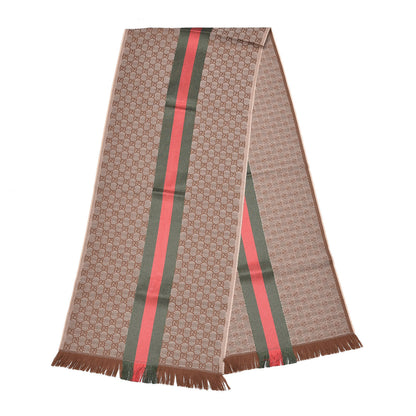 Gucci Wool Silk GG Monogram Web Verbier Fringe Scarf Light Brown Dark Green 3 of 4