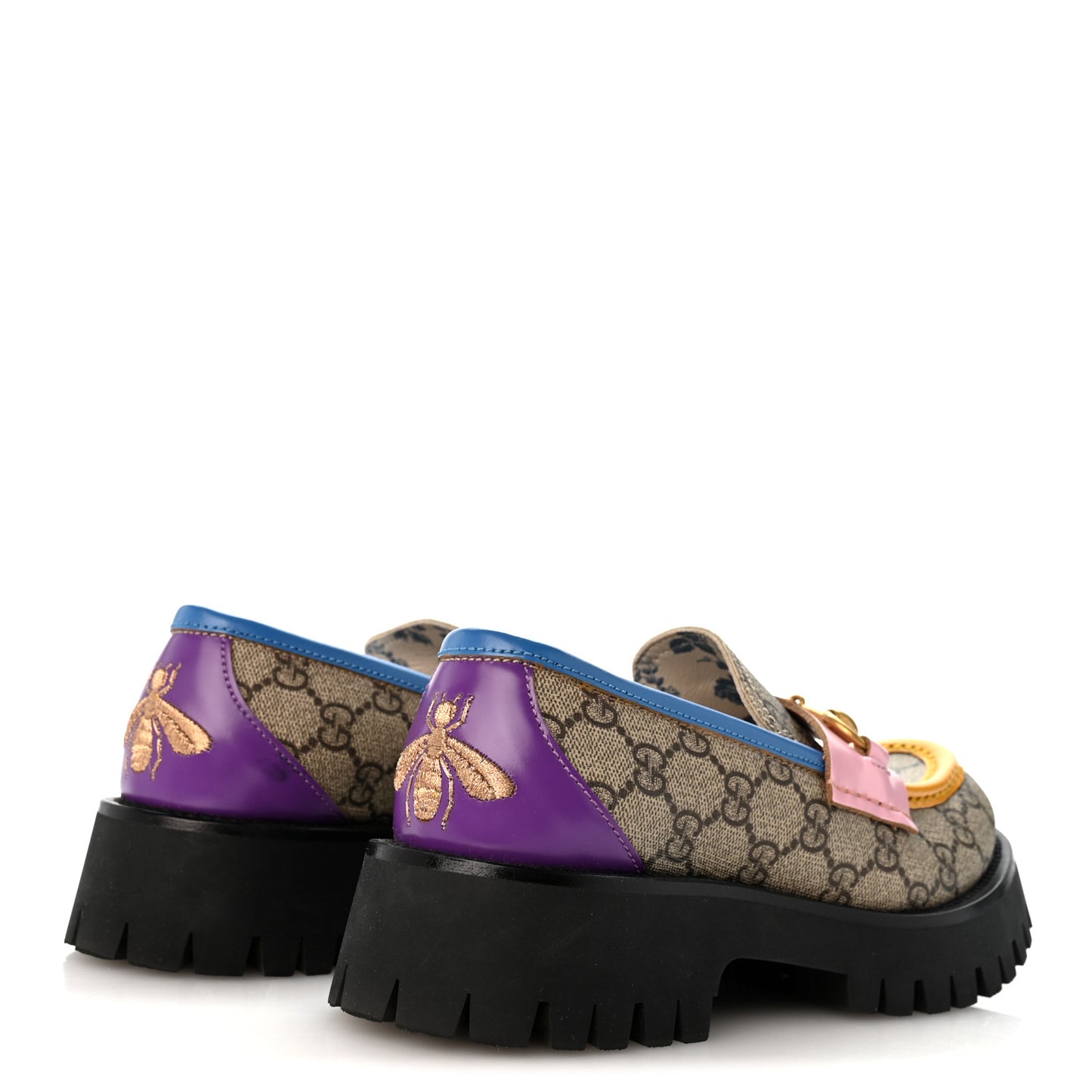 GG Supreme Monogram Cordovan Lux Womens Harald Horsebit 25mm Platform Loafers 37 Beige Sugar Pink Crop Shine Purple Marine