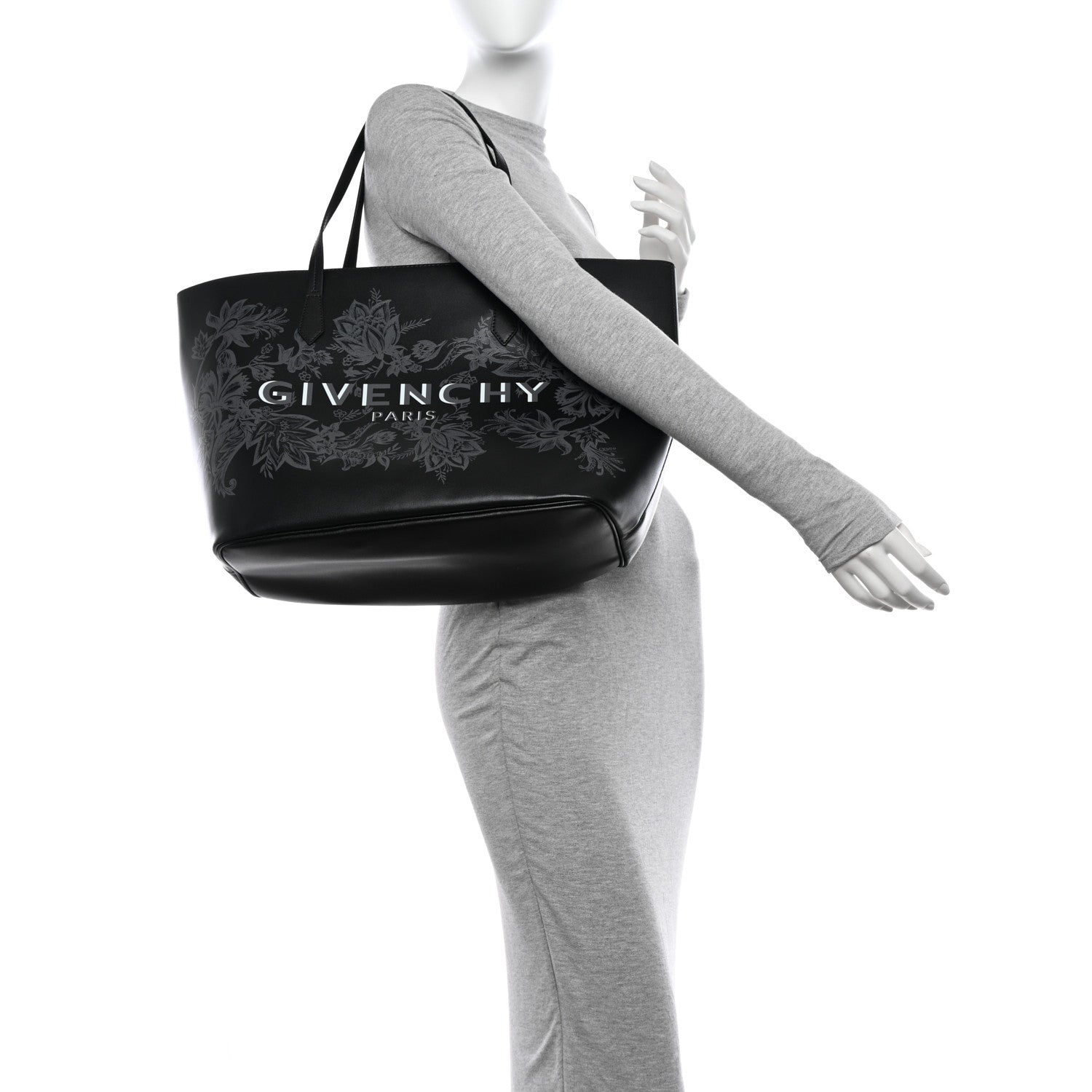 Givenchy Smooth Calfskin Floral Print Logo Wing Shopper Tote Black White 2 of 13
