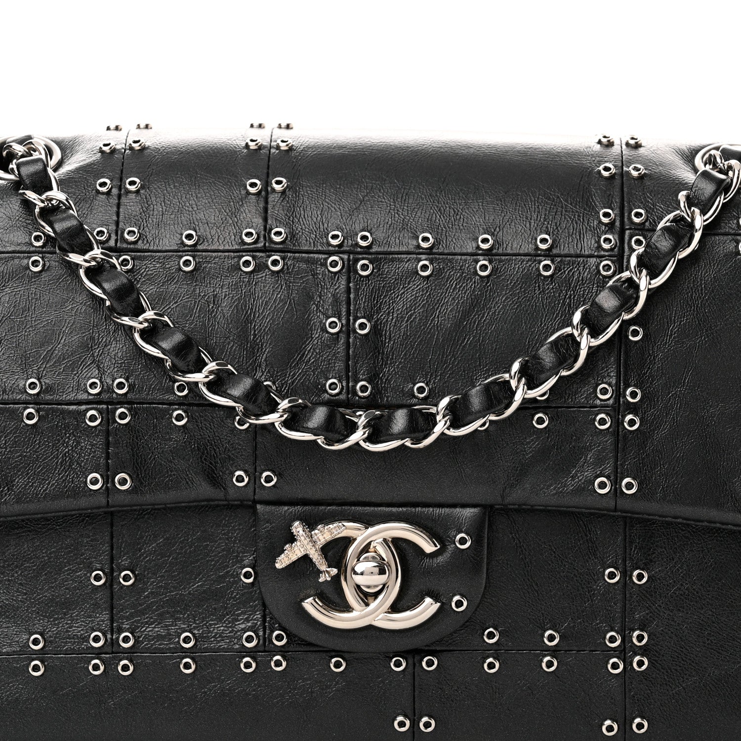 Chanel Glazed Calfskin Grommet Embellished Medium Airline Double Flap Black 8 of 11