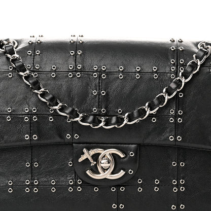 Chanel Glazed Calfskin Grommet Embellished Medium Airline Double Flap Black 8 of 11