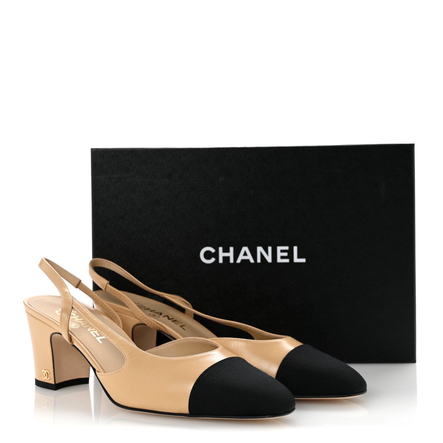 Chanel Goatskin Grosgrain Cap Toe CC Slingback Pumps 41 Beige Black 10 of 10