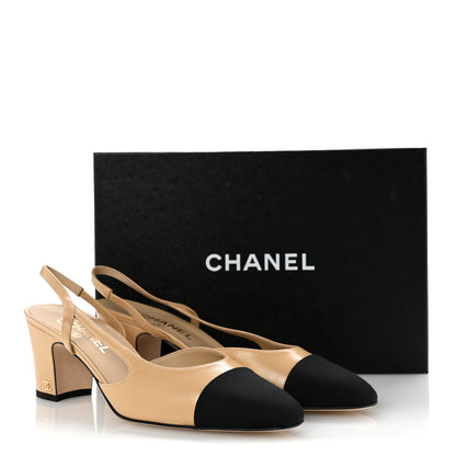 Chanel Goatskin Grosgrain Cap Toe CC Slingback Pumps 41 Beige Black 10 of 10