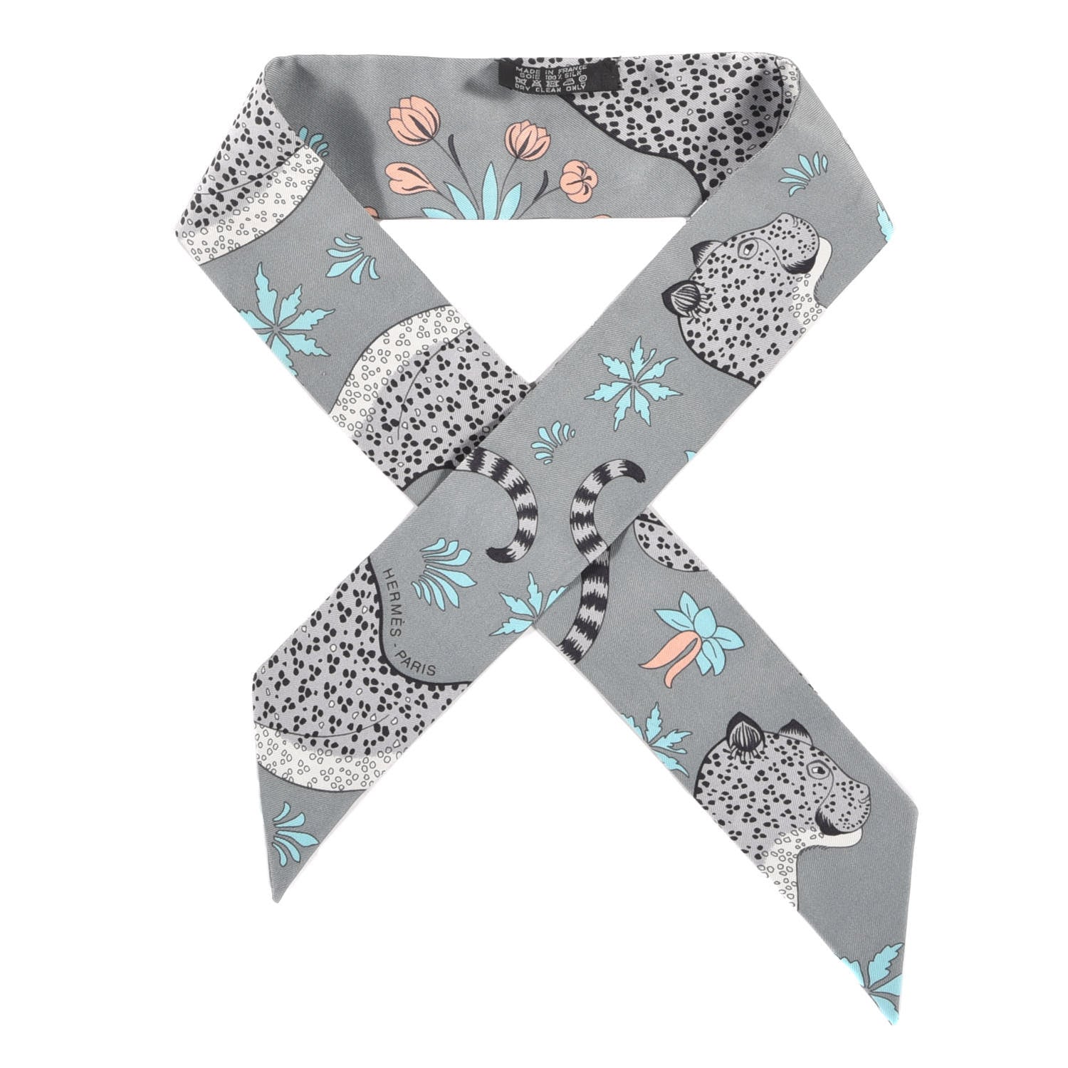 Hermes Silk Les Leopards Twilly Gris Acier Gris Perle Peach 1 of 3
