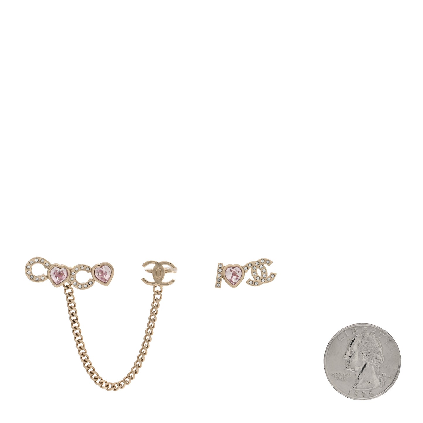 Metal Strass I Love Coco Heart Chain Climber Earrings Gold Pink