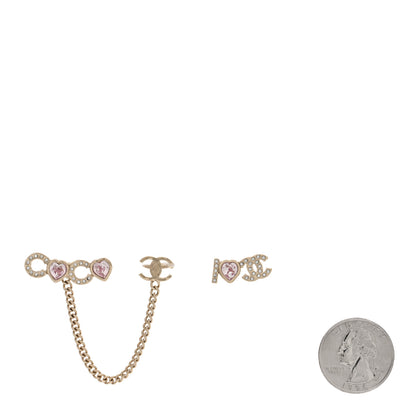 Chanel Metal Strass I Love Coco Heart Chain Climber Earrings Gold Pink 2 of 4