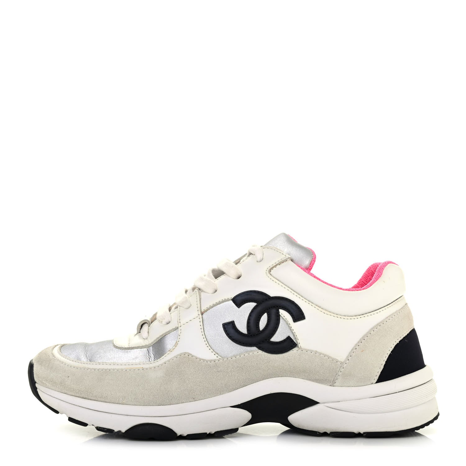 Chanel Calfskin Fabric Sneakers 38 White Silver Fluo Pink 1 of 4