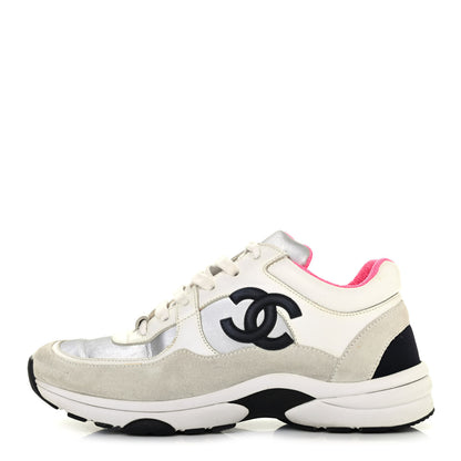 Chanel Calfskin Fabric Sneakers 38 White Silver Fluo Pink 1 of 4