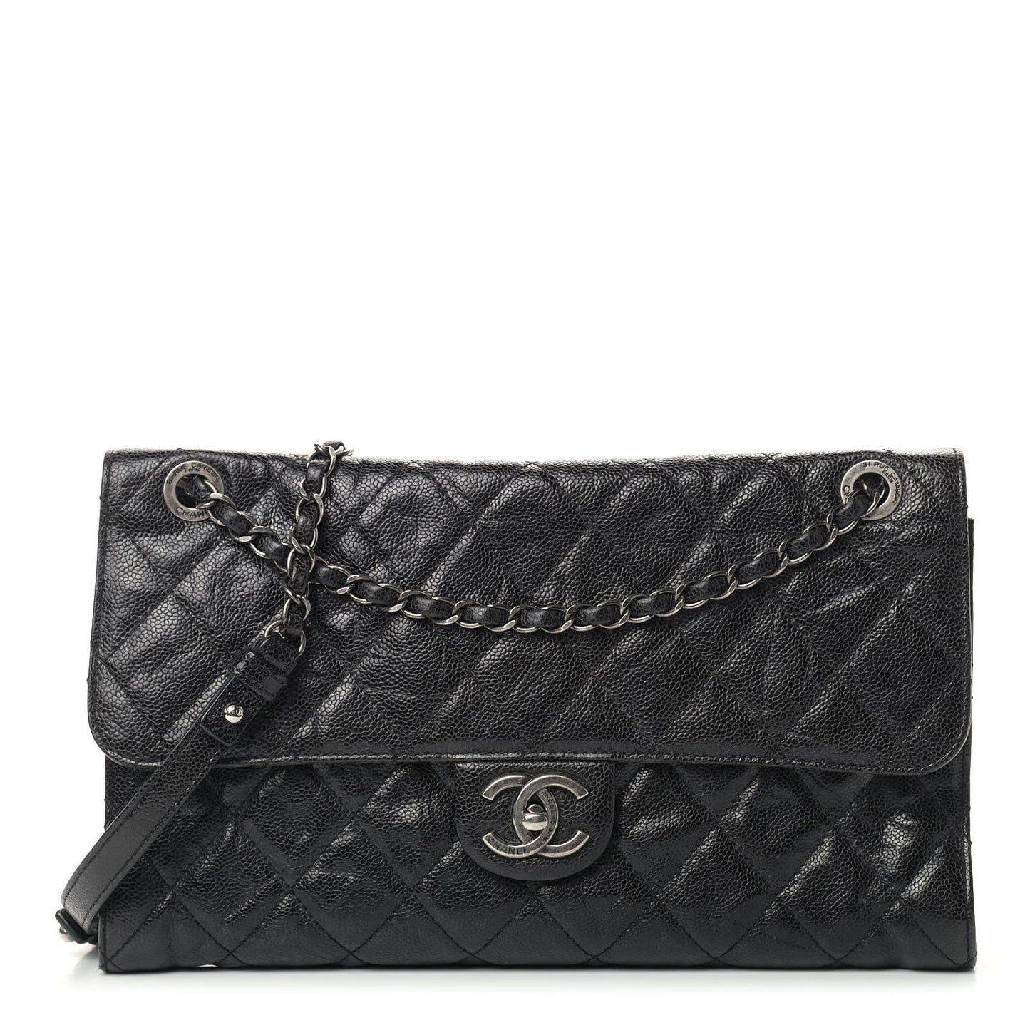Crumpled Grained Calfskin Jumbo CC Crave Flap Black